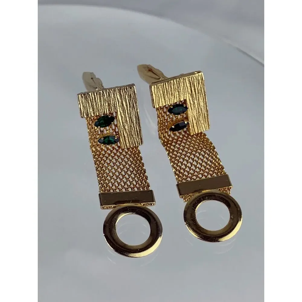 Modernist Block Green Rhinestones Gold Tone Mesh Wrap Cufflinks Vintage N1